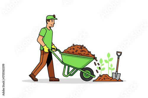 Gardener working with wheelbarrow and plants