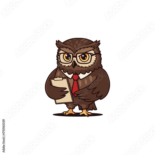 Wise Owl Mascot Professor Wearing Glasses and Tie Holding Clipboard in Academic Teaching Vector Illustration