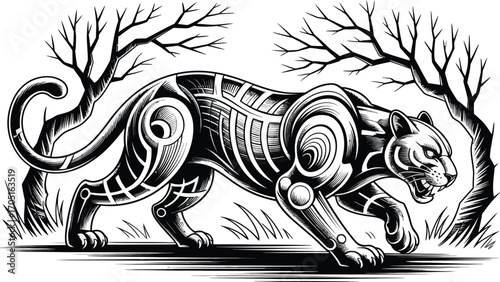 Black panther with tribal patterns walking through dry grass and trees