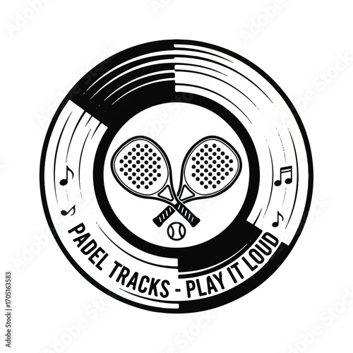 A circular logo featuring crossed padel rackets and a ball, set against a background resembling a vinyl record with musical notes, and the text "PADEL TRACKS - PLAY IT LOUD".