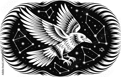 Black and white raven flying amidst constellations and stars