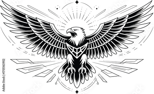 Black and white eagle with outstretched wings and geometric patterns
