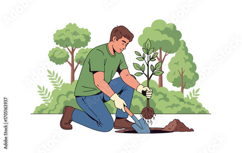 Person planting sapling in garden scene