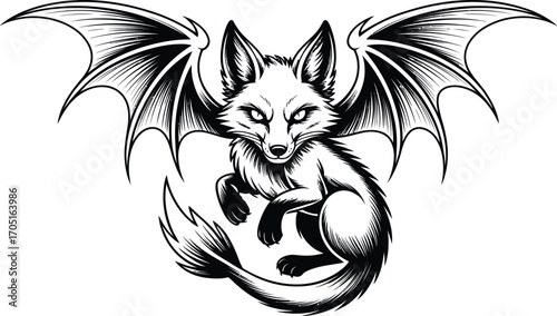 Black and white winged fox illustration wings creature