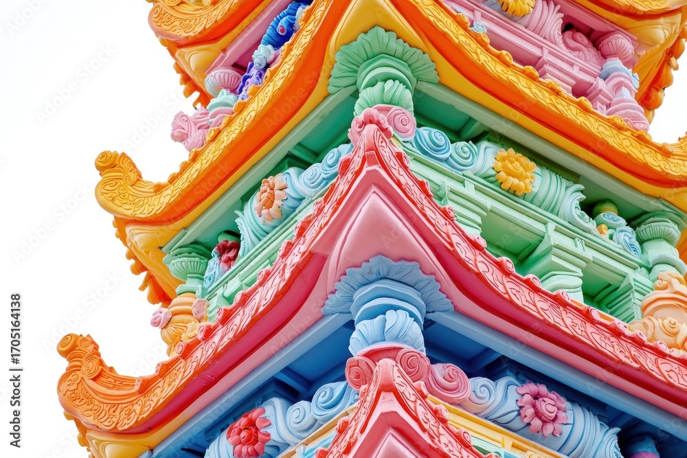 Obraz premium Ornate multi-tiered pagoda corner with vibrant, pastel-painted details