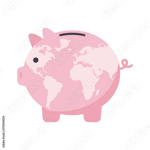 Piggy bank shaped like a globe symbolizing world savings and global finance in creative flat vector style