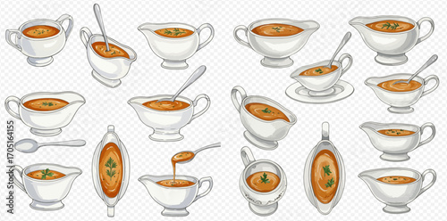 A collection of white ceramic gravy boats filled with rich brown sauce, depicted from various angles, some with spoons or pouring.
