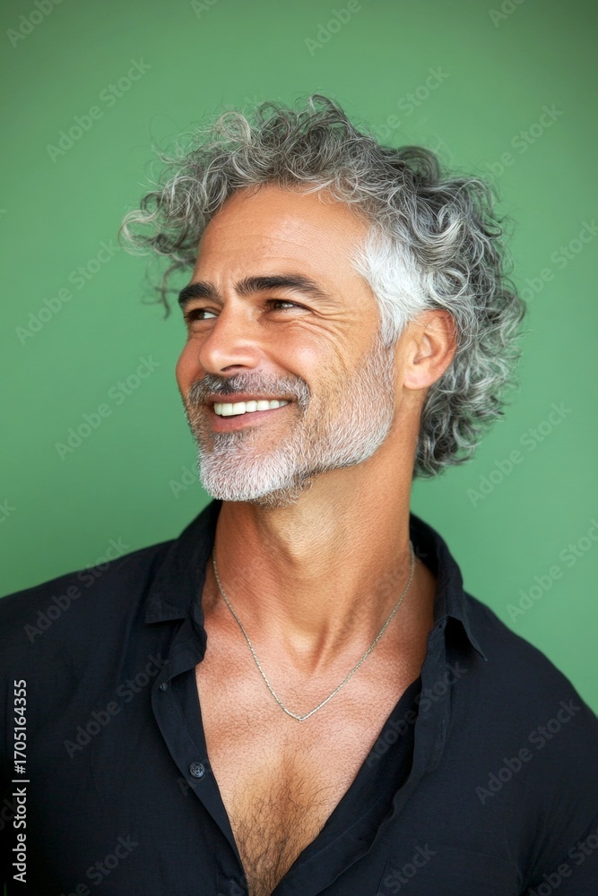 Fototapeta premium A strong and graceful male displaying confidence. Green solid ba