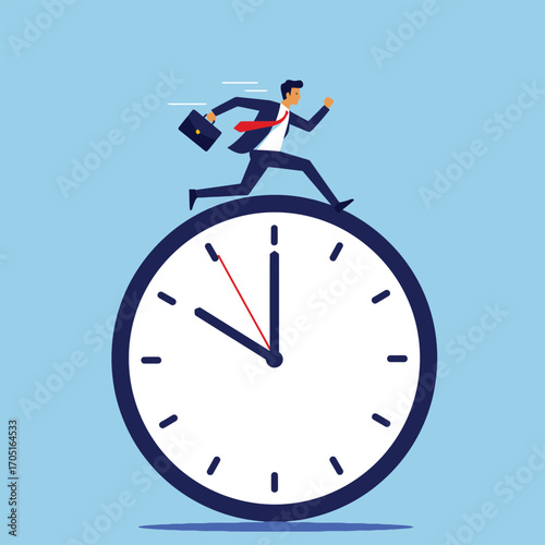 Businessman running on giant clock symbolizing time management and meeting deadlines in flat minimal vector style