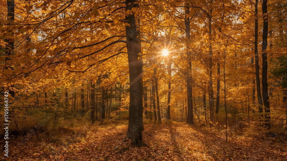 Fototapeta premium Autumn forest background with golden leaves and sun rays streaming through trees.