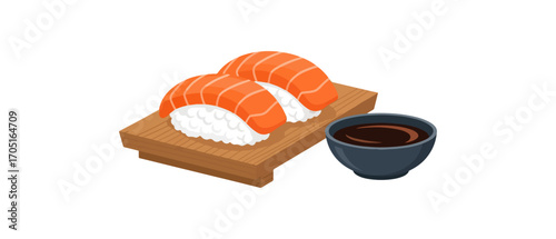 Salmon sushi with soy sauce on wooden platter