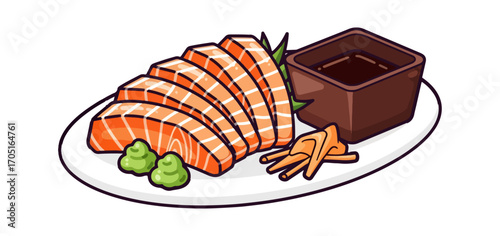 Sliced salmon with sauce and garnish