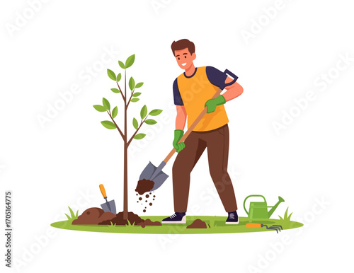 Smiling person planting a tree