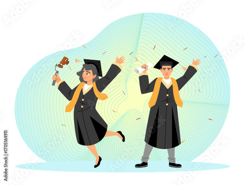 University students life. Graduation Celebration with Male and Female Students in Caps and Gowns.