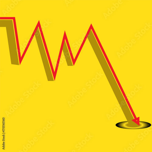 3D economic chart on bright yellow background with golden-brown bars in sharp decline, outlined by red lines and emphasized by a large downward arrow symbolizing market crash and recession
