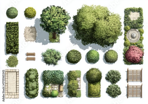 Top view set of garden and landscape design elements isolated on a white background