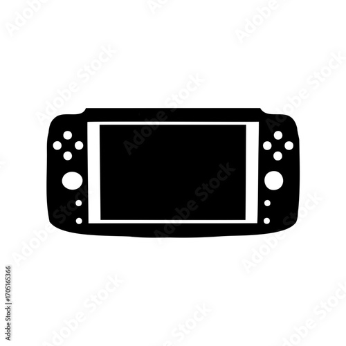 Black and white silhouette illustration of a handheld video game console