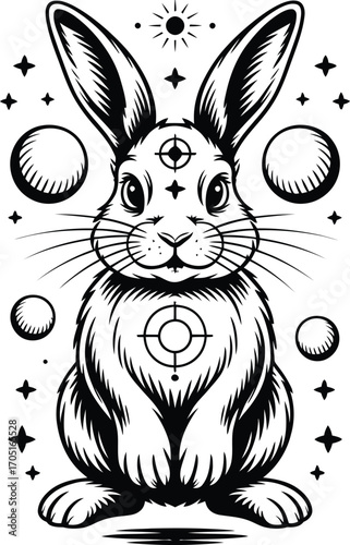Black and white mystical rabbit with celestial elements
