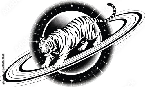 Black and white tiger walking on planet rings with stars