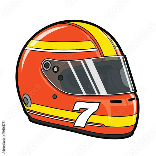 Vibrant red racing helmet with yellow stripes and number 7, featuring a clear visor, isolated on a white background.