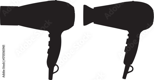 Two black silhouettes of hair dryers on a white background silhouette