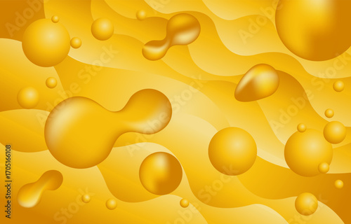 Vibrant abstract background with golden liquid drops and organic shapes over flowing wavy lines, featuring smooth gradients, 3D depth, movement, and a warm, glossy fluid effect