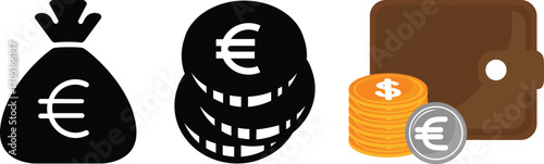 Black money bag with euro symbol icon set.finance.Currency symbols. set of currency symbols dollar, euro, pound, yen. set of currency symbols vector with white background. Currency, symbols, vector.
