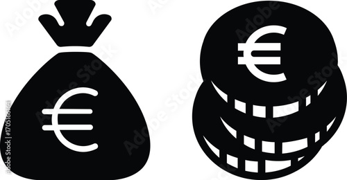 Black money bag with euro symbol icon set.finance.Currency symbols. set of currency symbols dollar, euro, pound, yen. set of currency symbols vector with white background. Currency, symbols, vector.