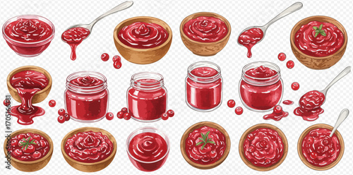 Collection of vibrant red berry sauce and jam in various bowls, glass jars, and spoons, with scattered fresh berries and dripping liquid.