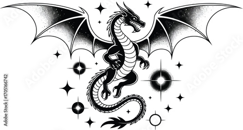 Black dragon with wings spread surrounded by stars and celestial orbs