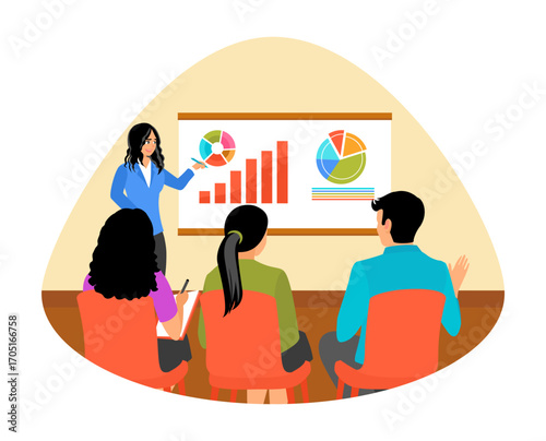 Students Life in University. Lecturer Makes Presentation to Students by Analyzing Graphs in Class.