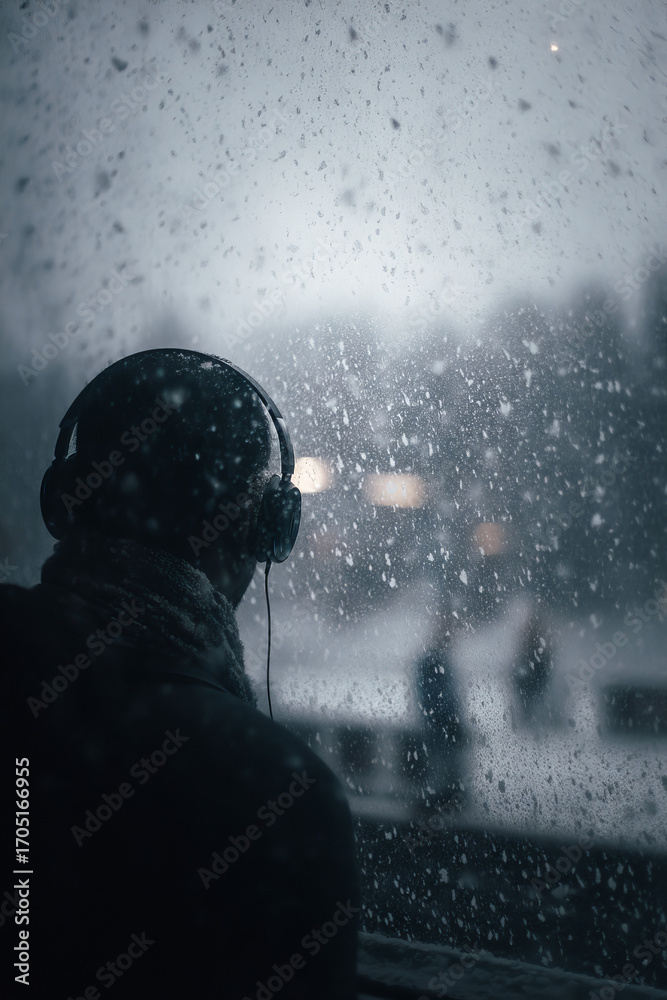 Obraz premium A person with headphones on pauses their music watching snowfall outside. Their reflection mixes with the white sky