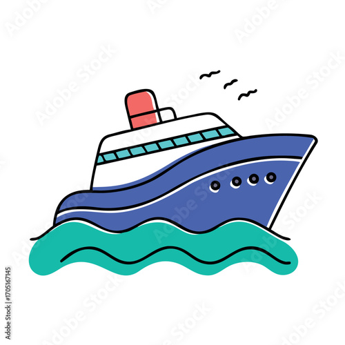 A Colorful Cruise Ship on the Water With Birds Flying Overhead Offering a Sense of Freedom and Exploration