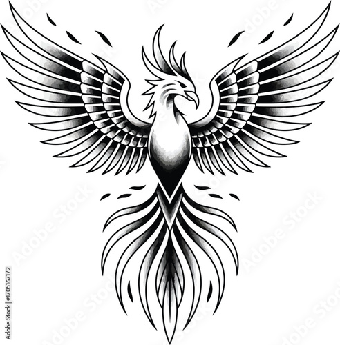 Black and white phoenix with spread wings and flowing tail