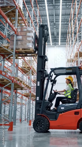 Worker operates electric forklift, precisely placing box on high shelf in vast, high-tech warehouse with cool led lighting, low angle. industrial excellence