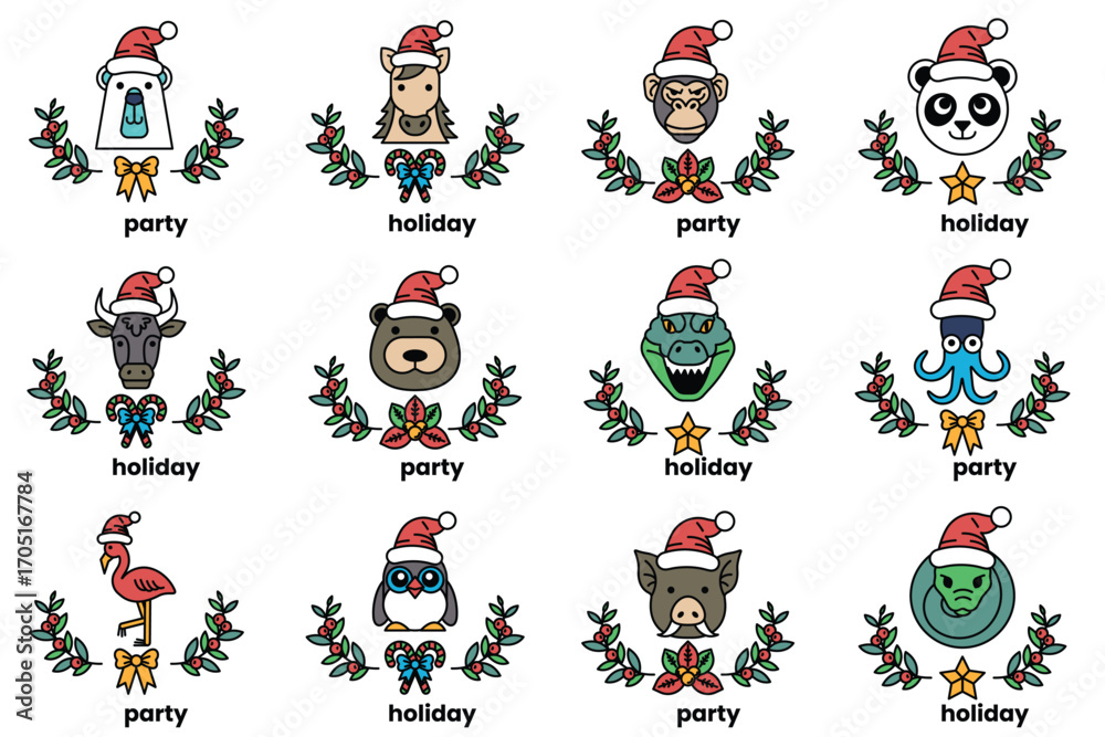 Fototapeta premium set of illustrations in the concept of Christmas animals and holidays in line art style