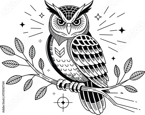 Black and white illustration of an owl perched on a branch