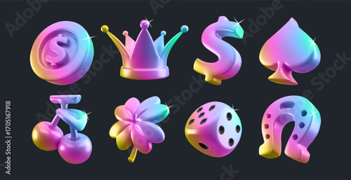 Rainbow gradient 3d casino icon set with coin and crown, dollar and spade sign, cherry and clover leaf, dice and horseshoe for gaming apps. Holographic symbols with iridescent colors for slot game