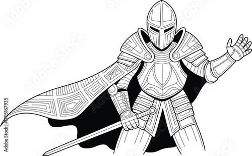 Black and white illustration of a knight in armor holding a sword