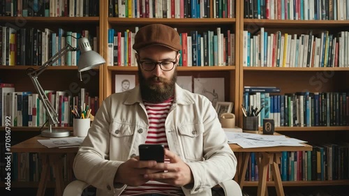 Man with Beard Using Smartphone in Cozy Home Study with Bookshelf