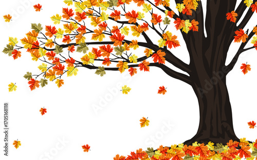 Autumn background with colorful leaves. A large tree with falling orange, red, and yellow leaves, creating a warm, cozy, and vibrant seasonal atmosphere. Perfect for a fall-themed backdrop or design.
