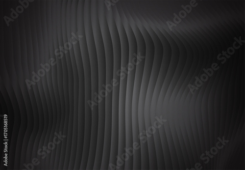Dark gray abstract background with repeating vertical wavy lines, faceted 3D effect, subtle gradient shading, and textured undulating surface creating depth and a modern geometric pattern 