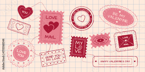 Valentine love stamp collection with romantic postal marks - heart badges, mail envelope seals and circular postmarks for greeting cards or scrapbooking. Vintage designs for February 14 celebration.
