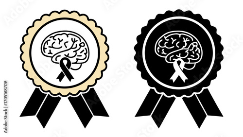 World Mental Health Awareness Badge Icon with a brain and ribbon in Outline and Solid Black Vector 