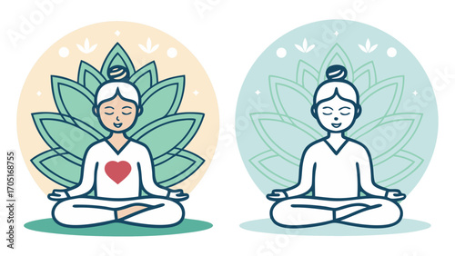 Mindfulness Meditation Icon in lotus pose with a heart Solid Color Vector 