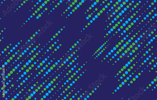 Dark  abstract background with densely packed circular dots in teal-blue and bright green forming diagonal flowing lines, creating depth, movement, and a vibrant dynamic pattern
