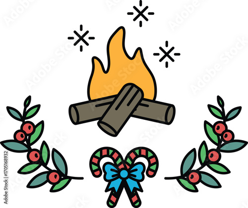 A drawing of a fire with a log and a wreath of leaves