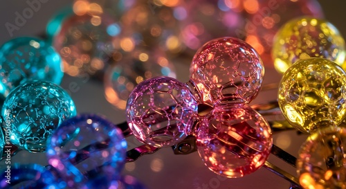 A closeup of tiny colorful bubbles forming jewelry-like accessories, sparkling with rainbow reflections under bright light, delicate and vibrant, 8k resolution
