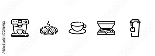 Monochrome Outline Icons for Cafes, Pizzerias, and Takeaway Food