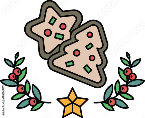 A cookie shaped like a star and a tree is on a white background